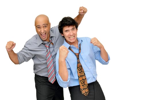 Two businessman with a soccer ball, partying isolated in white