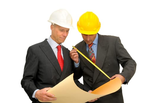 Two engineers isolated against a white background