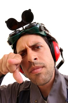 Construction worker closeup isolated in white