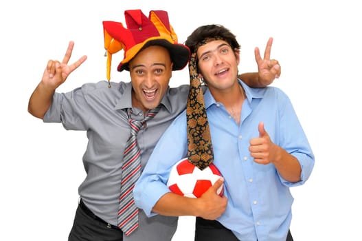Two businessman with a soccer ball, partying isolated in white
