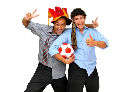 Two businessman with a soccer ball, partying isolated in white