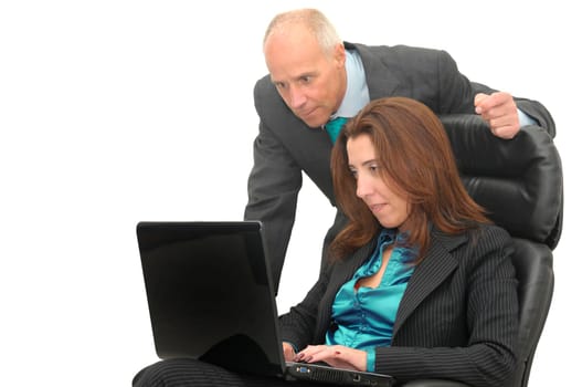 Businessman and woman with laptop isolated against a white background