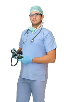 Doctor in uniform posing isolated in white