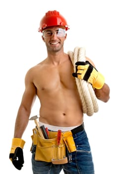 Strong build construction worker isolated in white