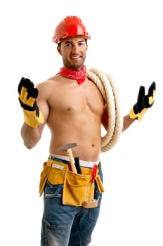 Strong build construction worker isolated in white