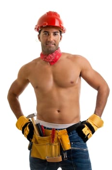 Strong build construction worker isolated in white