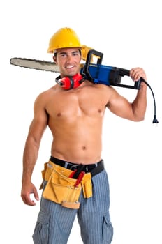 Strong build construction worker isolated in white
