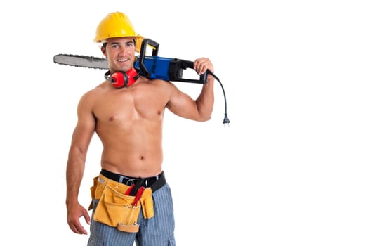 Strong build construction worker isolated in white