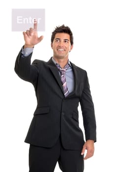Young businessman pushing the enter button isolated in white