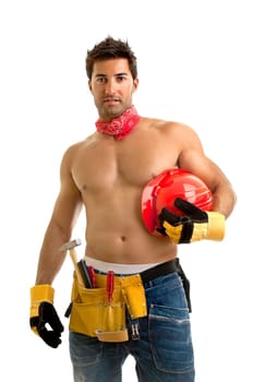 Strong build construction worker isolated in white