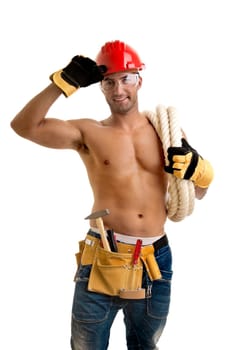 Strong build construction worker isolated in white