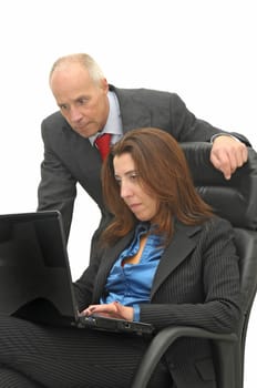 Businessman and woman with laptop isolated against a white background