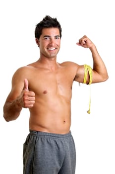 Muscular young man with measuring tape