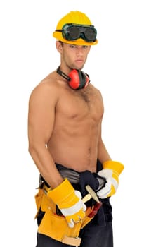 Muscular construction worker posing isolated in white