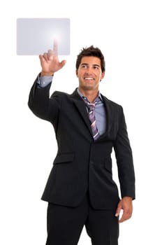 Young businessman pushing a button isolated in white