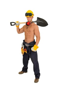 Muscular construction worker with shovel posing isolated in white