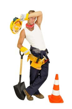 Construction worker with shovel isolated in white