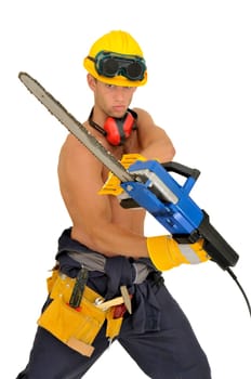 Muscular construction worker with chainsaw posing isolated in white
