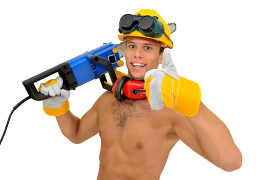 Muscular construction worker with chainsaw posing isolated in white