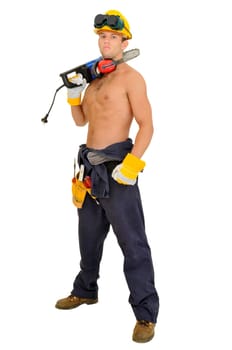 Muscular construction worker with chainsaw posing isolated in white
