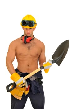 Muscular construction worker with shovel posing isolated in white
