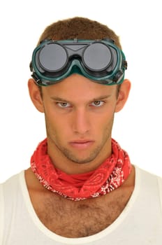 Construction worker with goggles isolated in white