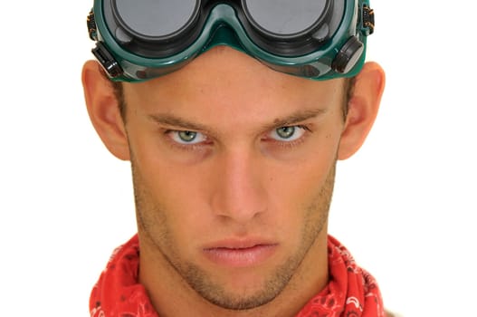 Construction worker with goggles isolated in white