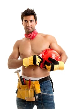 Strong build construction worker isolated in white