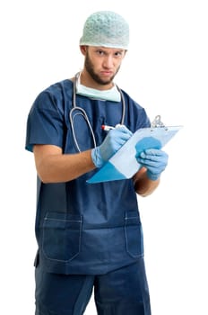 Doctor with a pad isolated against a white background