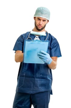 Doctor with a pad isolated against a white background