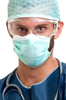 Young doctor in uniform against a white background