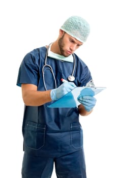 Doctor with a pad isolated against a white background