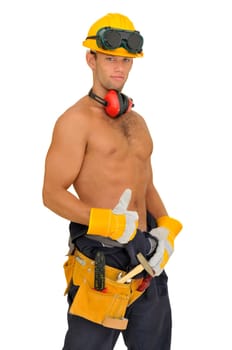 Muscular construction worker posing isolated in white