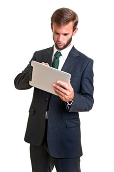 Young businessman with tablet isolated in white