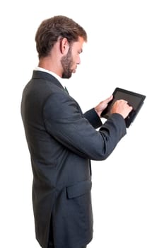 Young businessman with tablet isolated in white