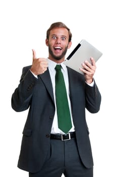 Young businessman with tablet isolated in white