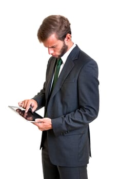 Young businessman with tablet isolated in white