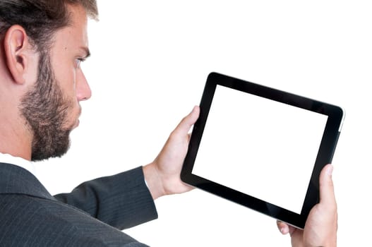 Young businessman with tablet isolated in white