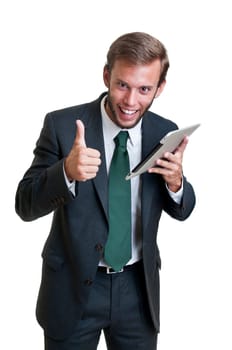 Young businessman with tablet isolated in white