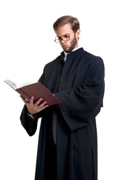 Young lawyer dressed with a toga isolated in white