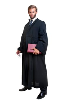Young lawyer dressed with a toga isolated in white