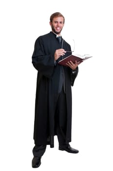 Young laywer dressed with a toga isolated in white