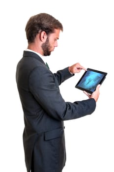 Young businessman with tablet isolated in white