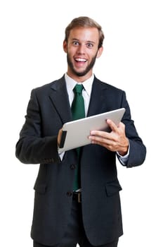 Young businessman with tablet isolated in white