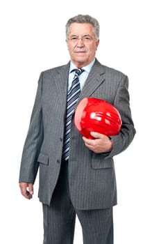 Senior engineer with helmet isolated in white