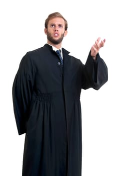 Young lawyer dressed with a toga isolated in white