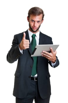 Young businessman with tablet isolated in white