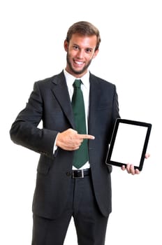 Young businessman with tablet isolated in white