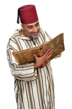 Arabic man with very old book isolated in white