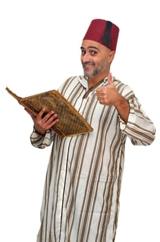 Arabic man with very old book isolated in white